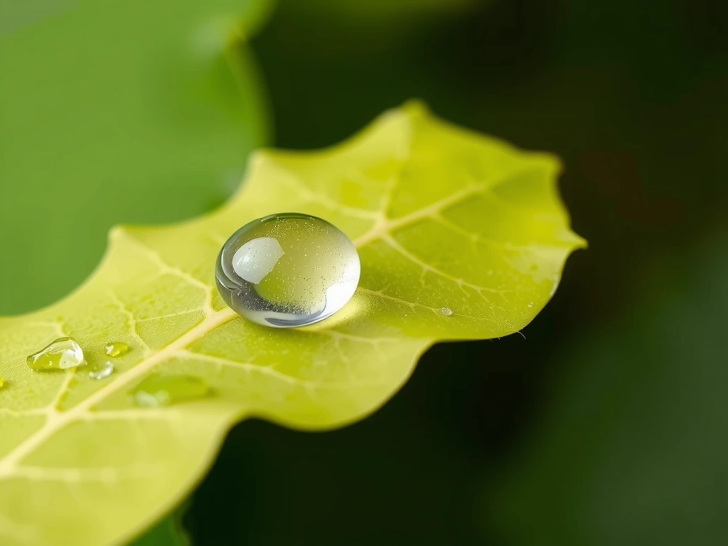 A drop of hyaluronic acid serum on a leaf, symbolizing natural hydration.