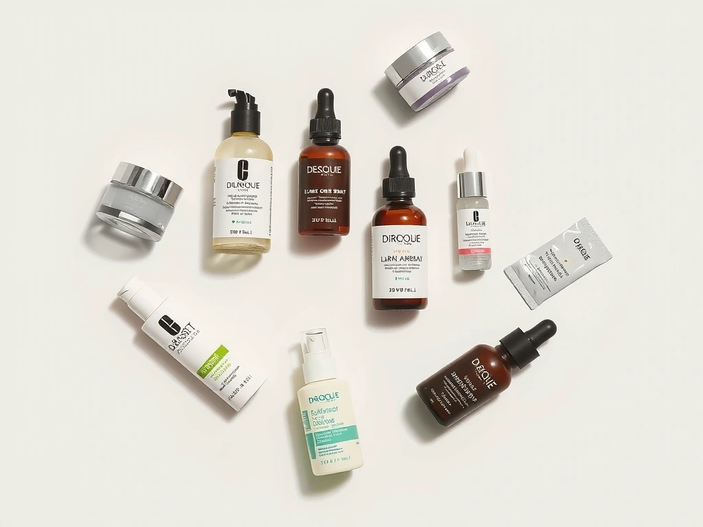 A variety of skincare products neatly arranged, symbolizing a comprehensive routine.