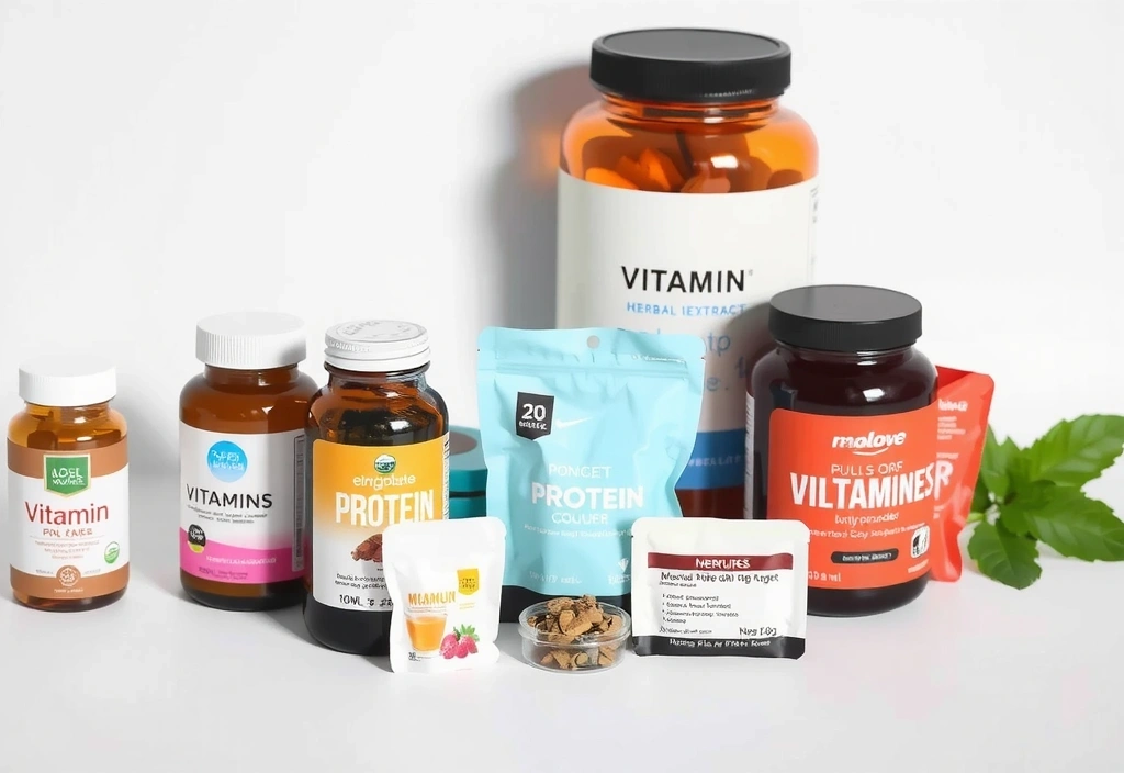 Assortment of health supplements like vitamins, protein powders, and herbal extracts
