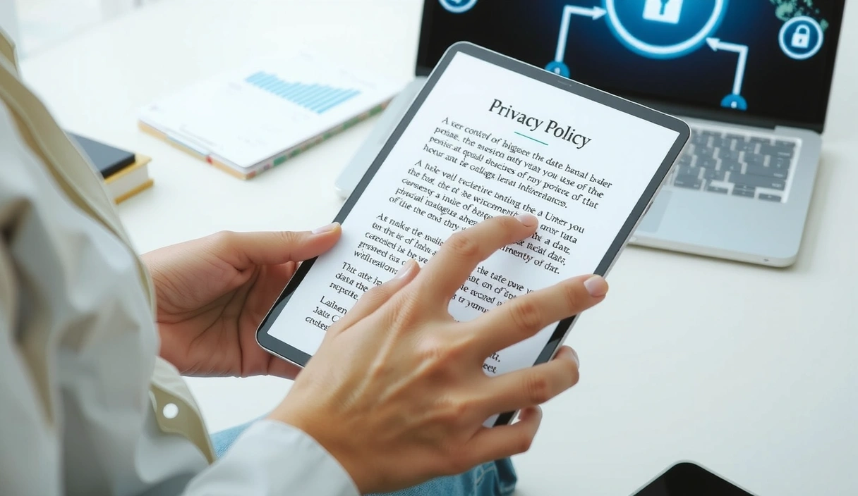 A person reviewing a privacy policy document on a tablet, with a secure connection icon in the background. The image conveys user control over data.