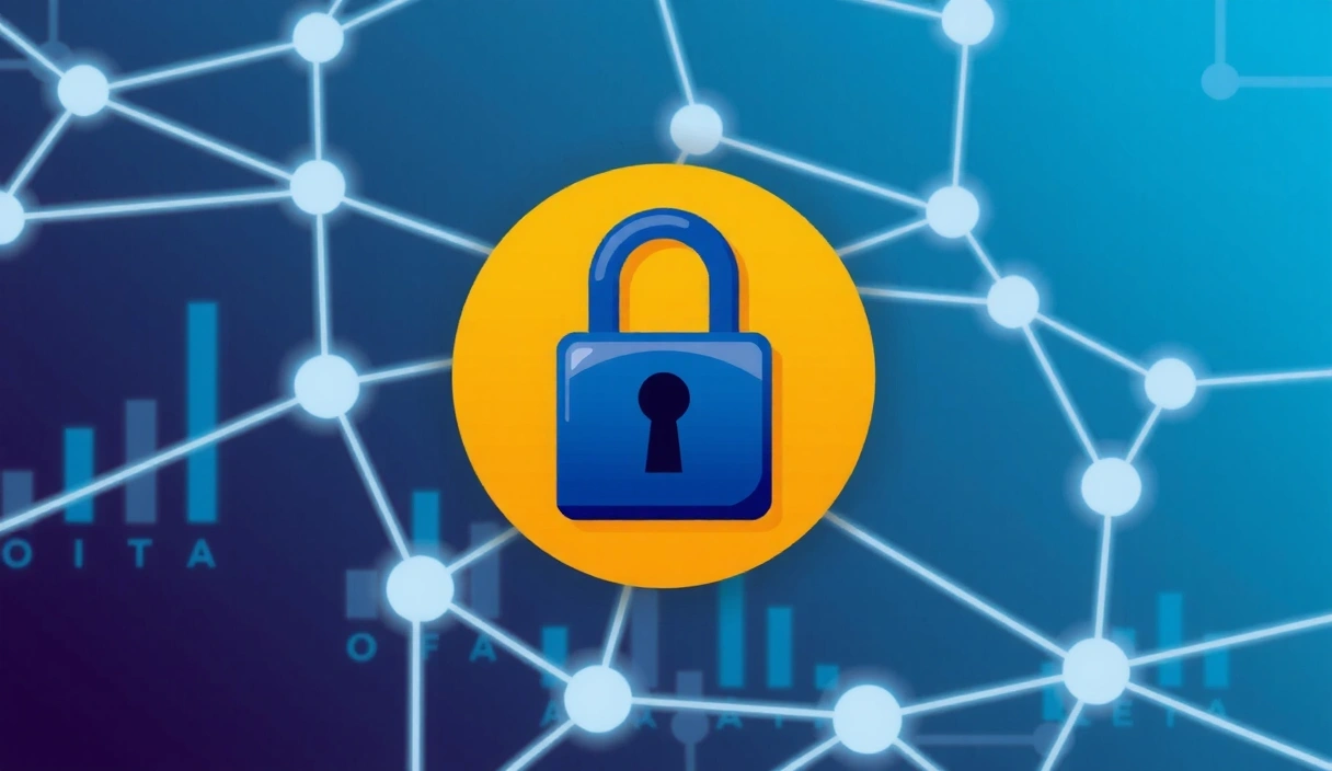 A stylized illustration of data privacy and security, with a padlock icon overlaid on a digital network. Colors are professional and clean.